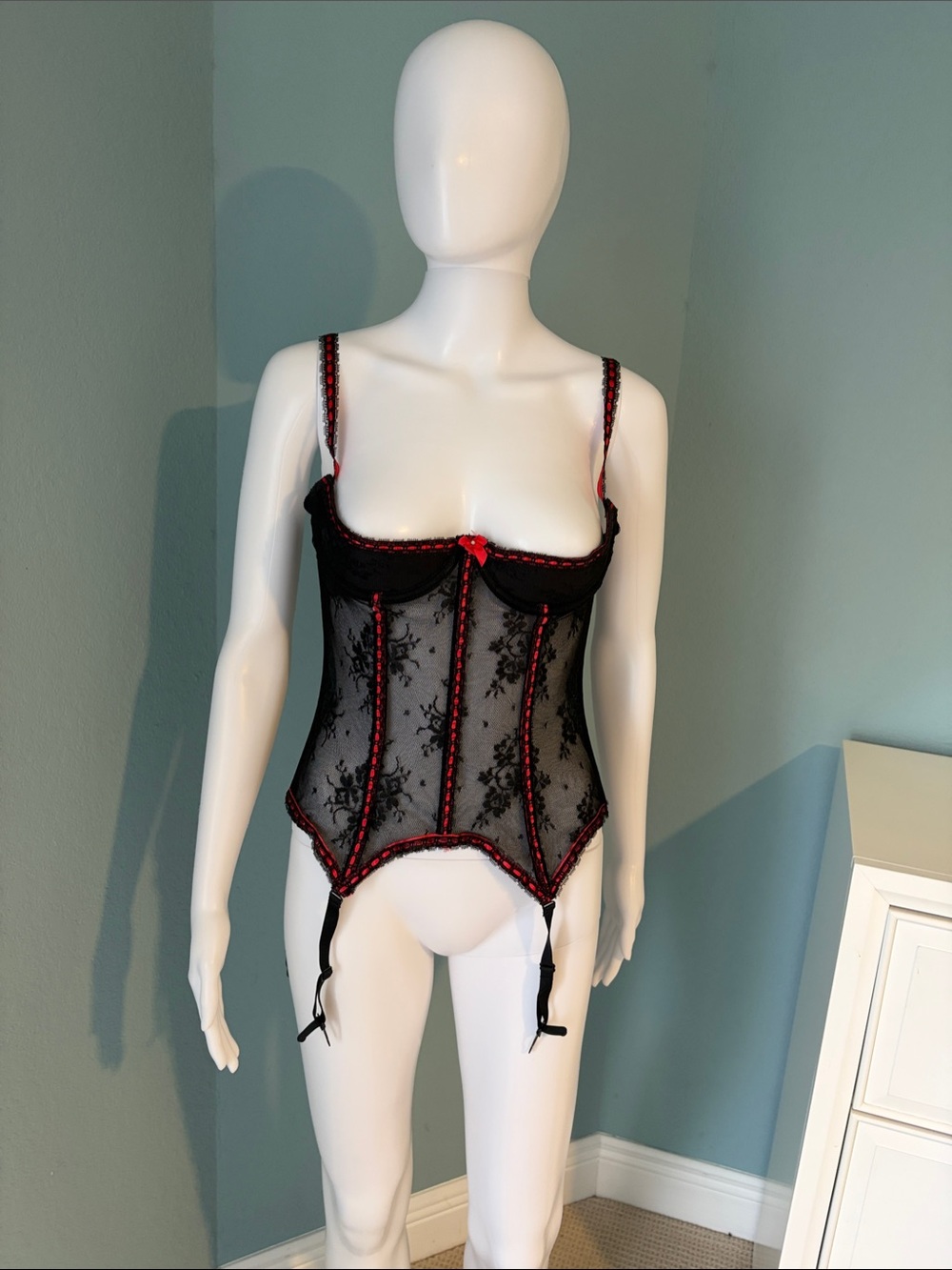 Black & Red Lace Demi Cup Bustier Corset with Garter Straps